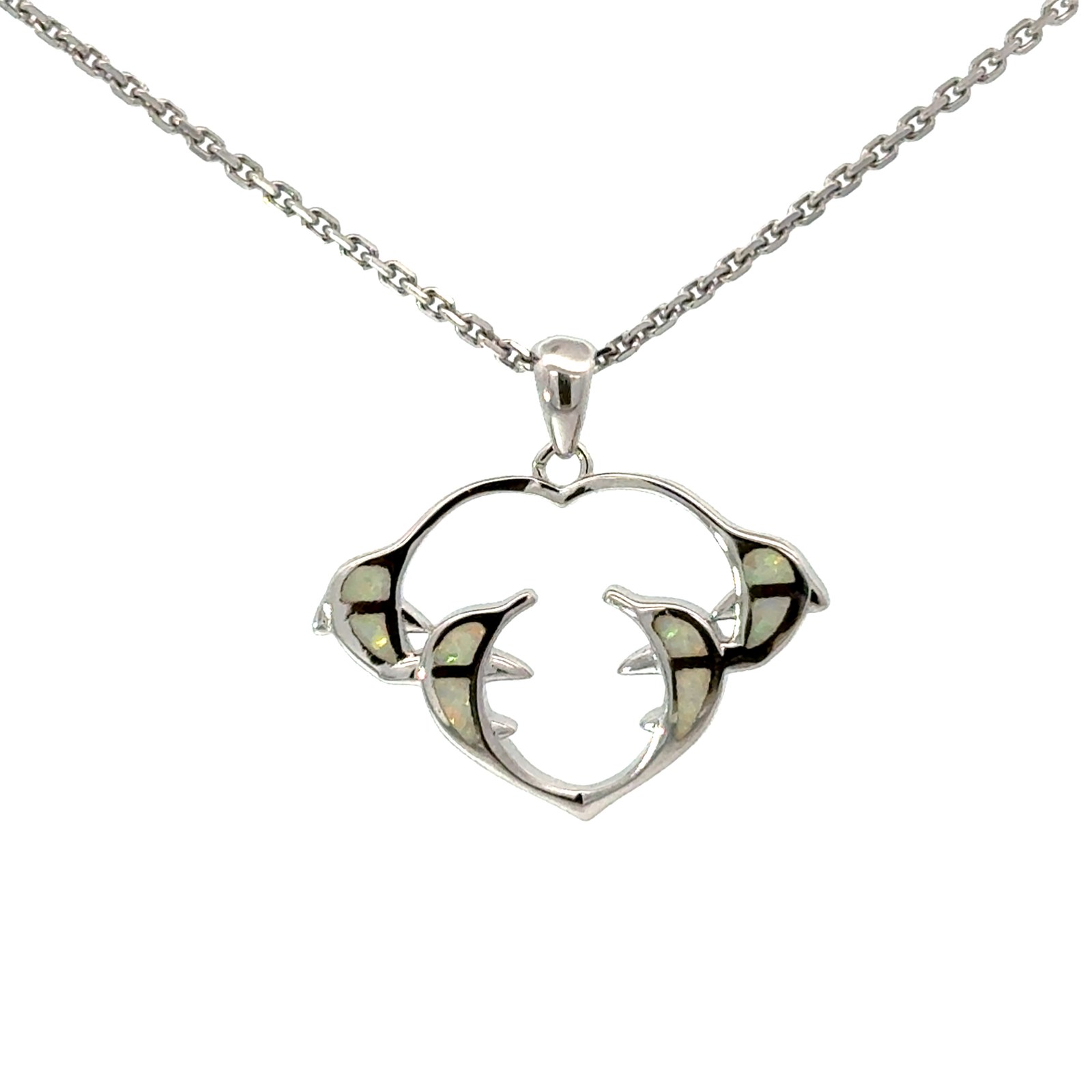 Sterling Silver rhodium plated created white opal inlay dolphin heart pendant on 1.5mm diamond cut cable chain 18"