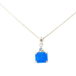 Sterling Silver rhodium plated created blue opal and cut pendant on 1.4mm diamond cut cable chain 18"