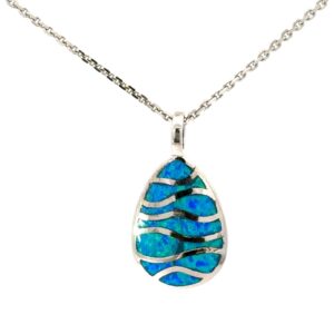 Sterling Silver rhodium plated created blue opal inlay pear shape pendant on 1.5mm diamond cut cable chain 18"