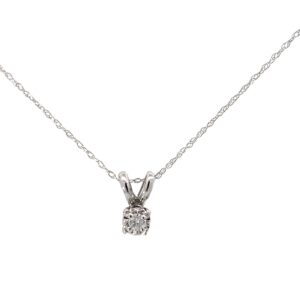 14kt white gold illusion solitare diamond pendant D tw 0.25cts SI, near colorless H color on a 0.98mm diamond cut round wheat chain 18" with claw catch