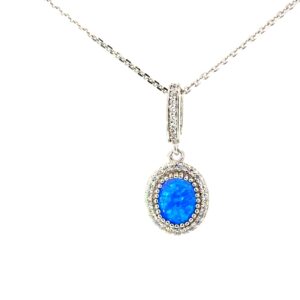 Sterling Silver rhodium plated created blue opal inlay and cubic zirconia halo pendant on 1.4mm diamond cut cable chain 18"