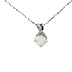Sterling Silver rhodium plated created white opal and cubic zirconia pendant on 1.1mm diamond cut cable chain 18"