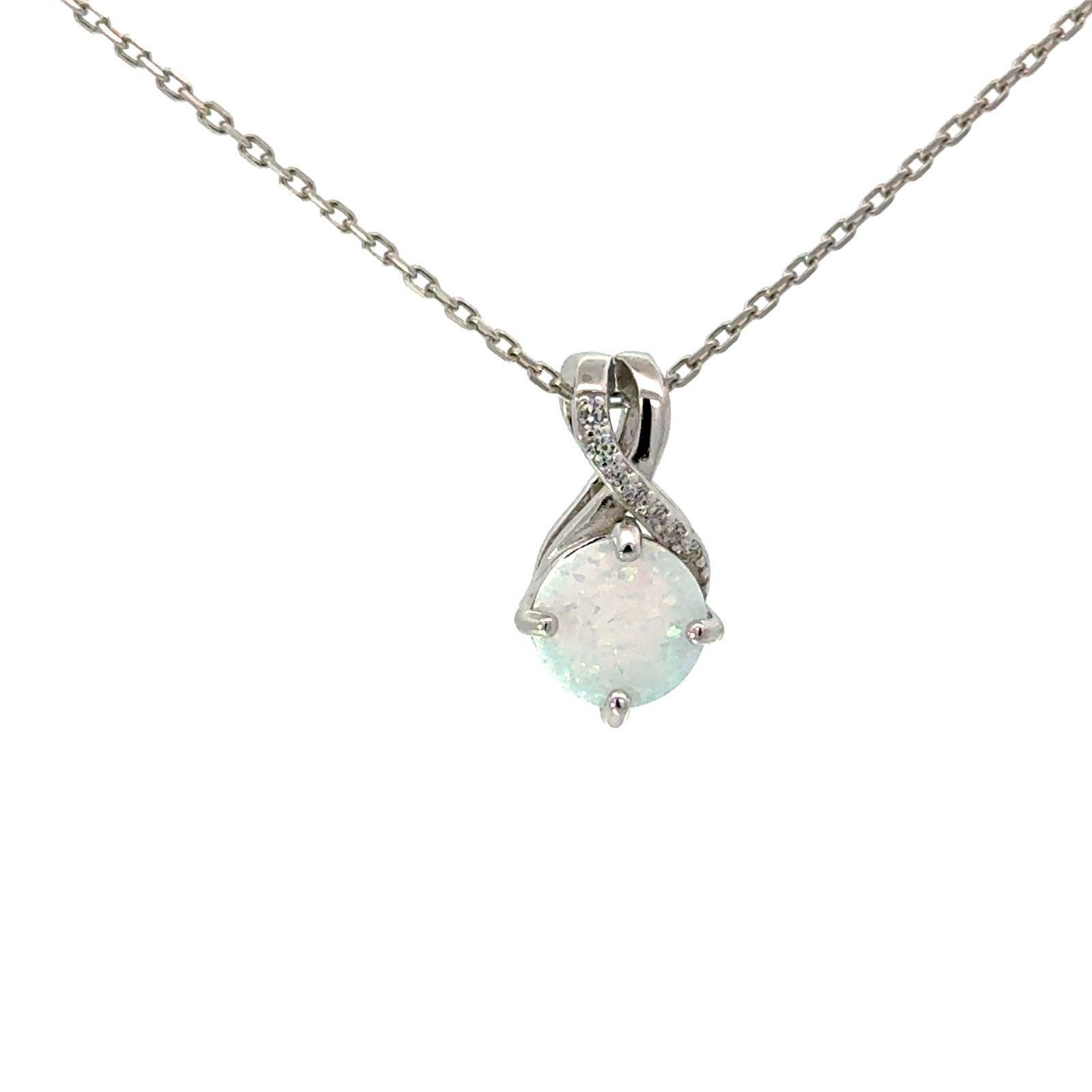 Sterling Silver rhodium plated created white opal and cubic zirconia pendant on 1.1mm diamond cut cable chain 18"