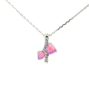 Sterling Silver rhodium plated created pink opal and cubic zirconia fashion pendant on 1.1mm diamond cut cable chain 18"