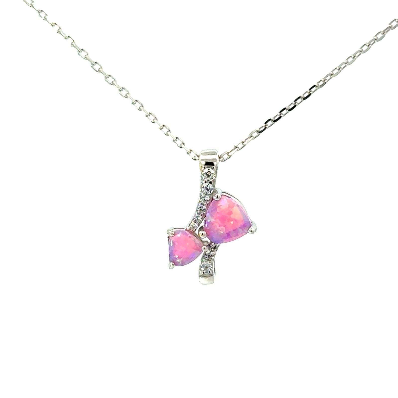 Sterling Silver rhodium plated created pink opal and cubic zirconia fashion pendant on 1.1mm diamond cut cable chain 18"