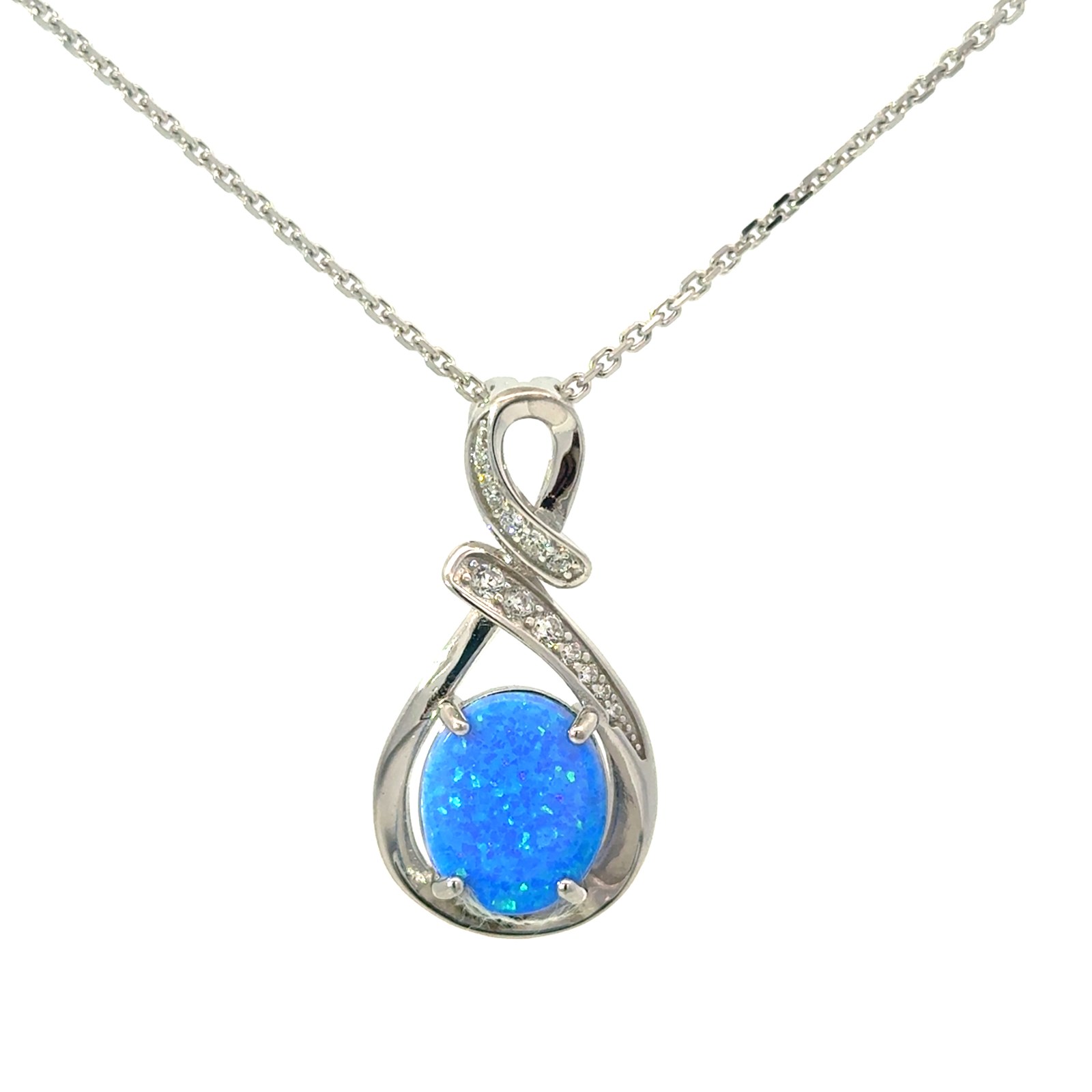 .jpg Sterling Silver rhodium plated created blue opal pear shape twisted pendant on 1.4mm diamond cut cable chain 18"