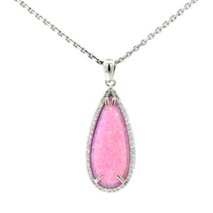 Sterling Silver rhodium plated created pink opal inlay and cubic zirconia tear drop pendant on 1.5mm diamond cut cable chain 18"