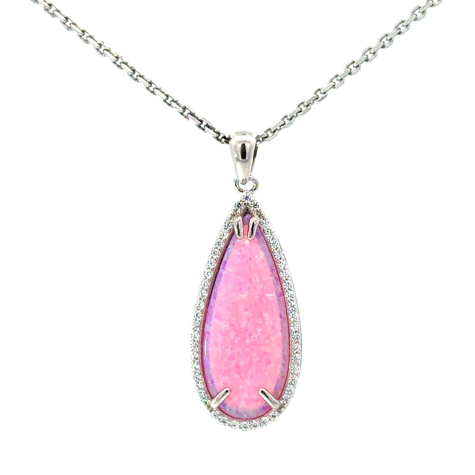Sterling Silver rhodium plated created pink opal inlay and cubic zirconia tear drop pendant on 1.5mm diamond cut cable chain 18"
