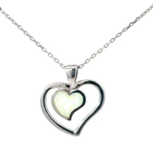Sterling Silver rhodium plated created white opal double heart pendant on 1.2mm diamond cut cable chain 18"