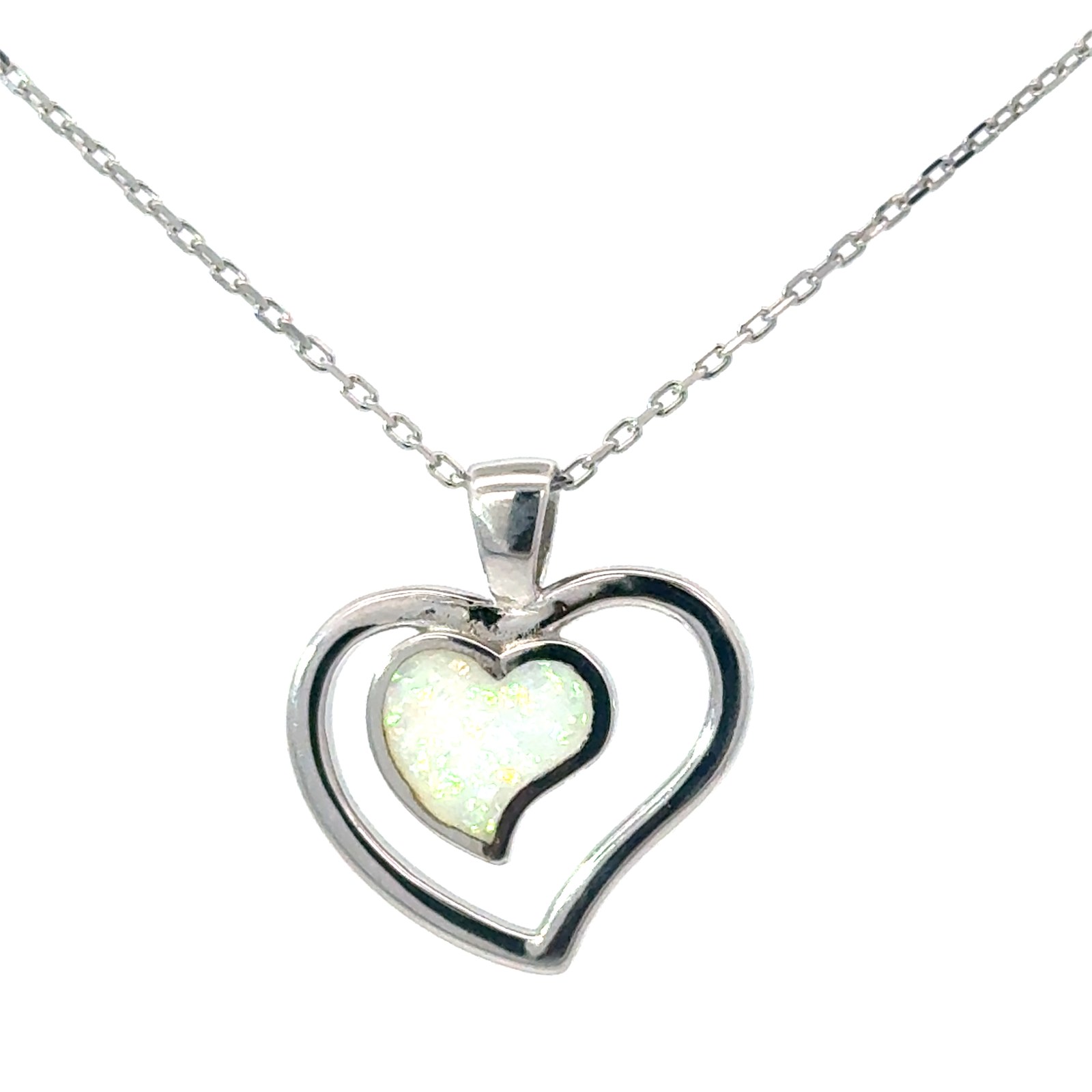 Sterling Silver rhodium plated created white opal double heart pendant on 1.2mm diamond cut cable chain 18"