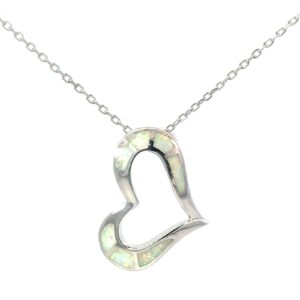 Sterling Silver rhodium plated created white opal inlay sideways heart pendant on 1.2mm diamond cut cable chain 18"