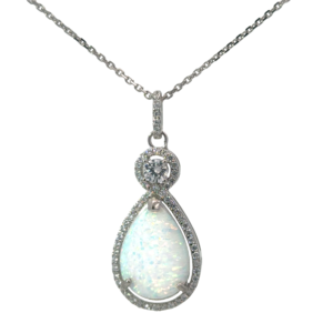 Sterling Silver rhodium plated created white opal and cubic zirconia pear shape halo pendant on 1.4mm diamond cut cable chain 18"