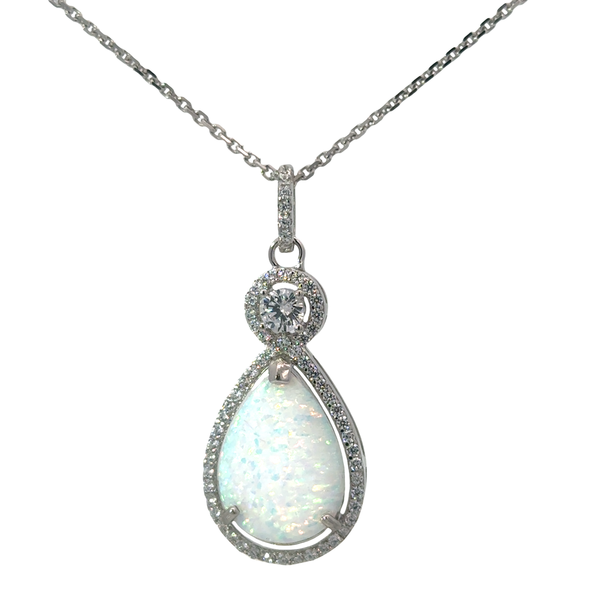 .png Sterling Silver rhodium plated created white opal and cubic zirconia pear shape halo pendant on 1.4mm diamond cut cable chain 18"