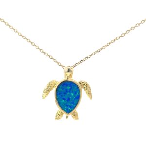Sterling Silver gold plated created blue opal turtle pendant on diamond cut cable chain