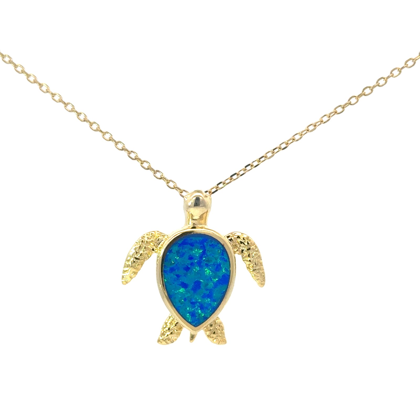 .jpg Sterling Silver gold plated created blue opal turtle pendant on diamond cut cable chain