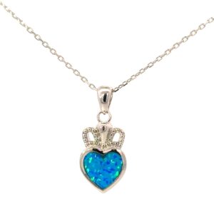 Sterling Silver rhodium plated created blue opal claddah neckalce on 1.2mm diamond cut cable chain 18"