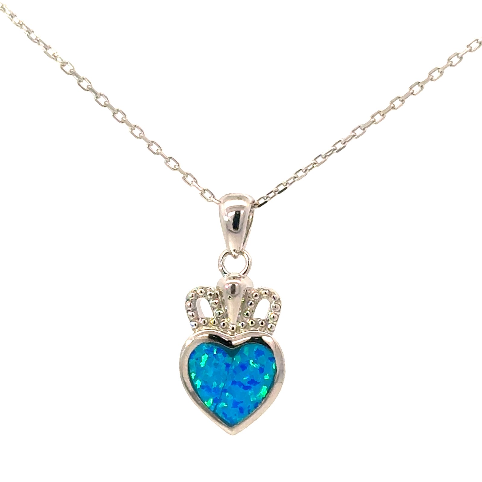 Sterling Silver rhodium plated created blue opal claddah neckalce on 1.2mm diamond cut cable chain 18"