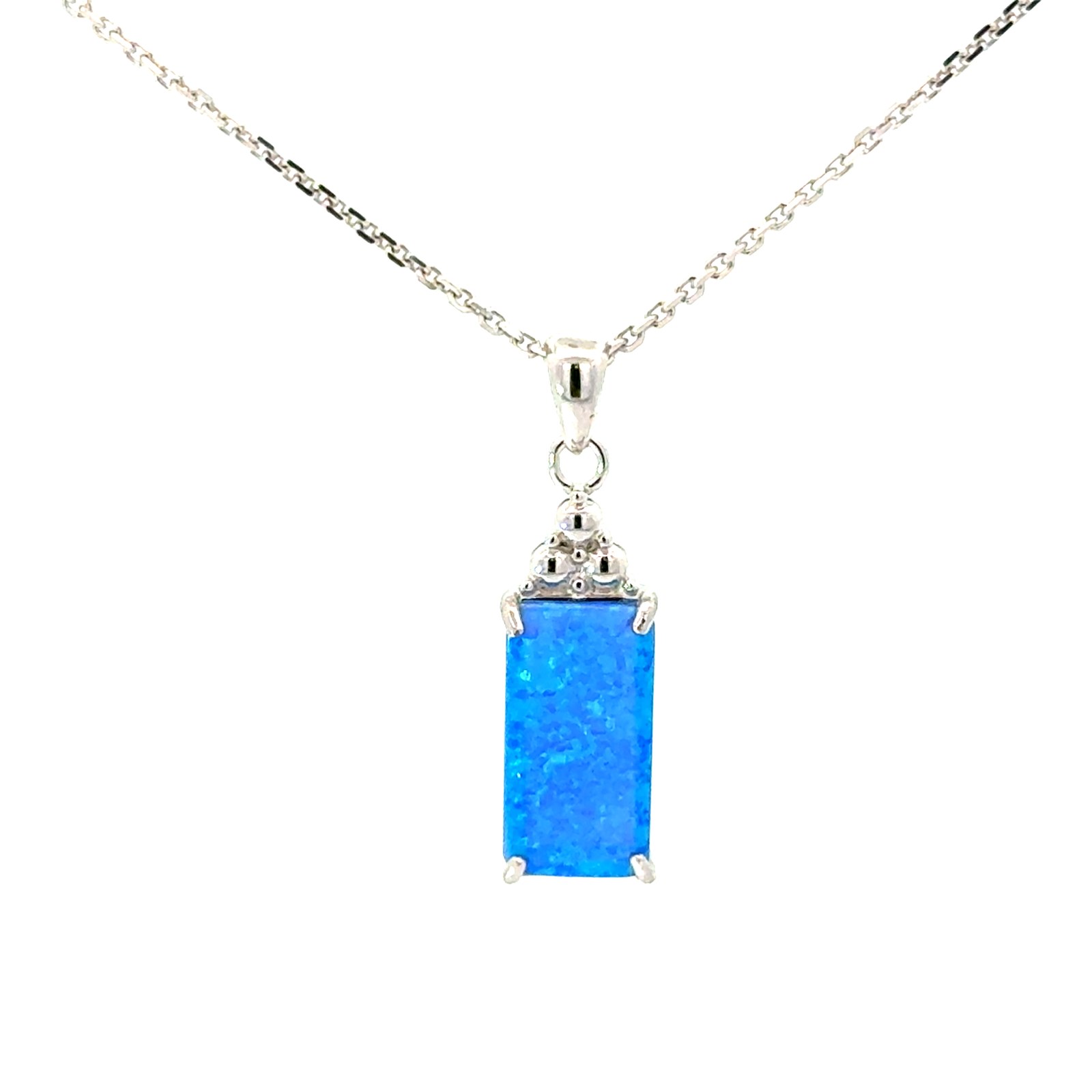 Sterling Silver rhodium plated created blue opal emerald cut pendant on 1.4mm diamond cut cable chain 18"