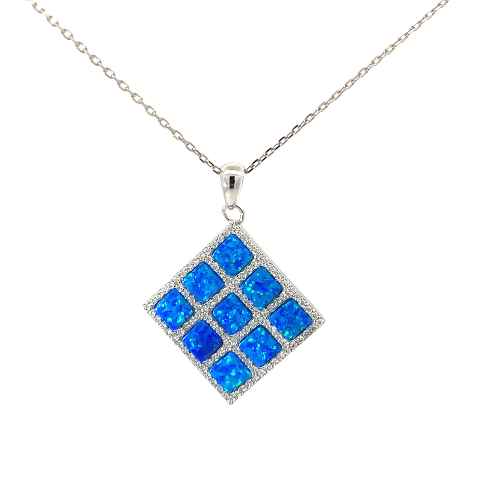 .jpg Sterling Silver created blue opal and cubic zirconia square pendant on 1.1mm diamond cut cable chain 18"