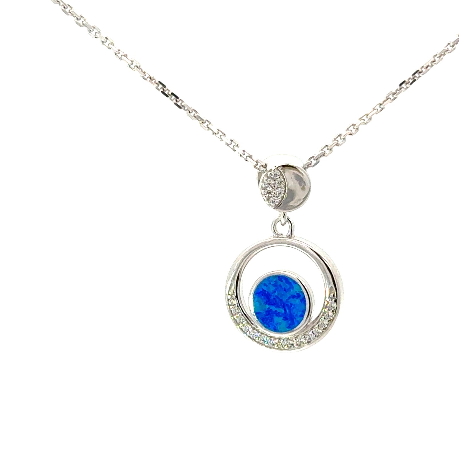 Sterling silver rhodium plated created blue opal and cubic zirconia dangle fashion pendant on 1.4mm diamond cut cable chain 18"
