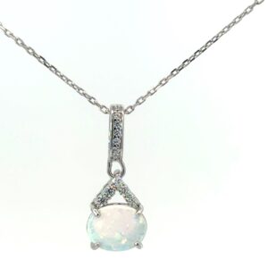 Sterling SIlver rhodium plated created white opal and cz oval necklace on 1.2mm diamond cut cable chain 18"