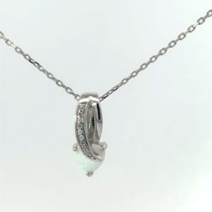 Sterling Siler rhodium plated created white opal heart necklace on diamond cut cable chain 18"