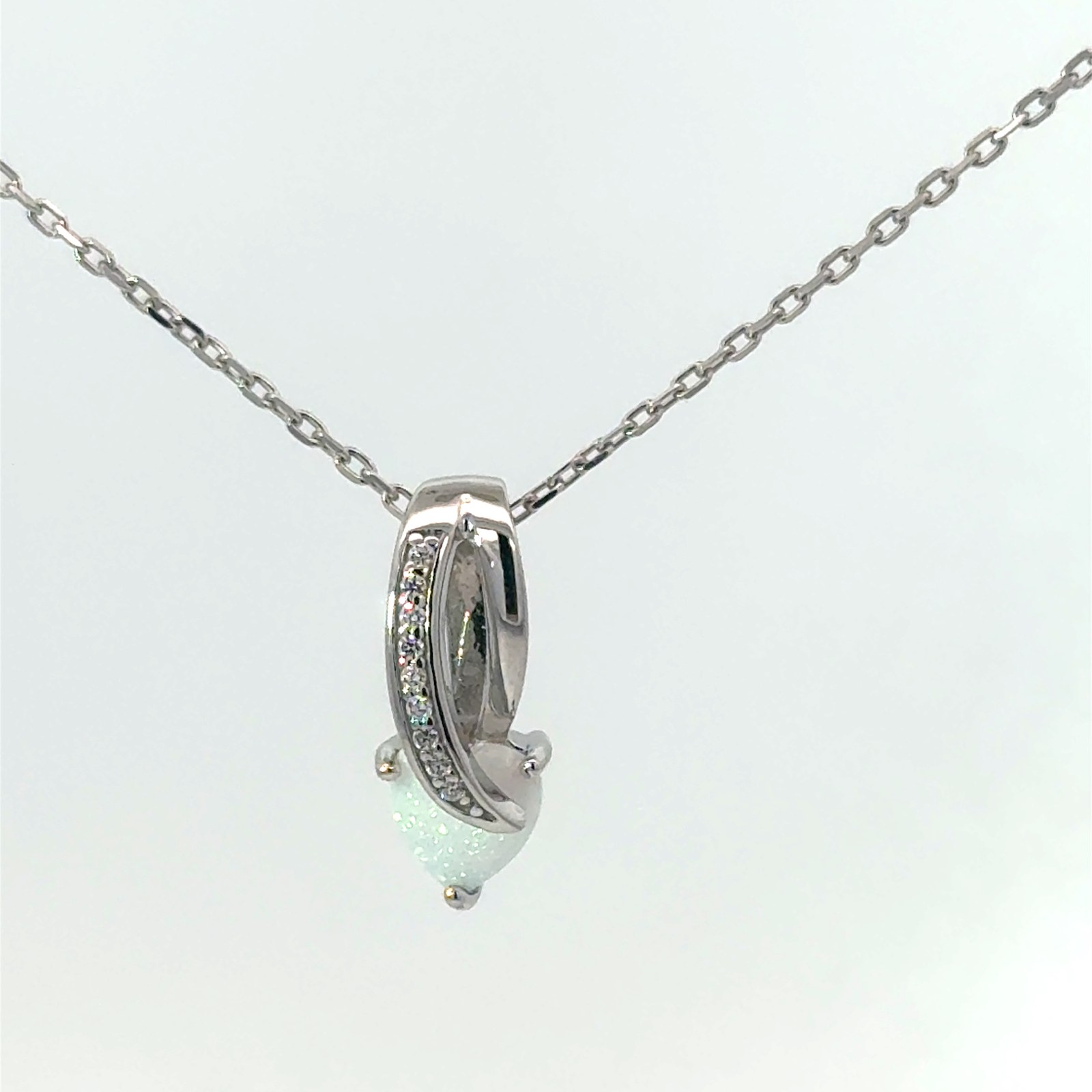 .jpg Sterling Siler rhodium plated created white opal heart necklace on diamond cut cable chain 18"