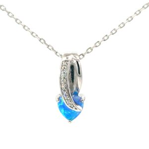 Sterling Siler rhodium plated created blue opal heart necklace on diamond cut cable chain 18"