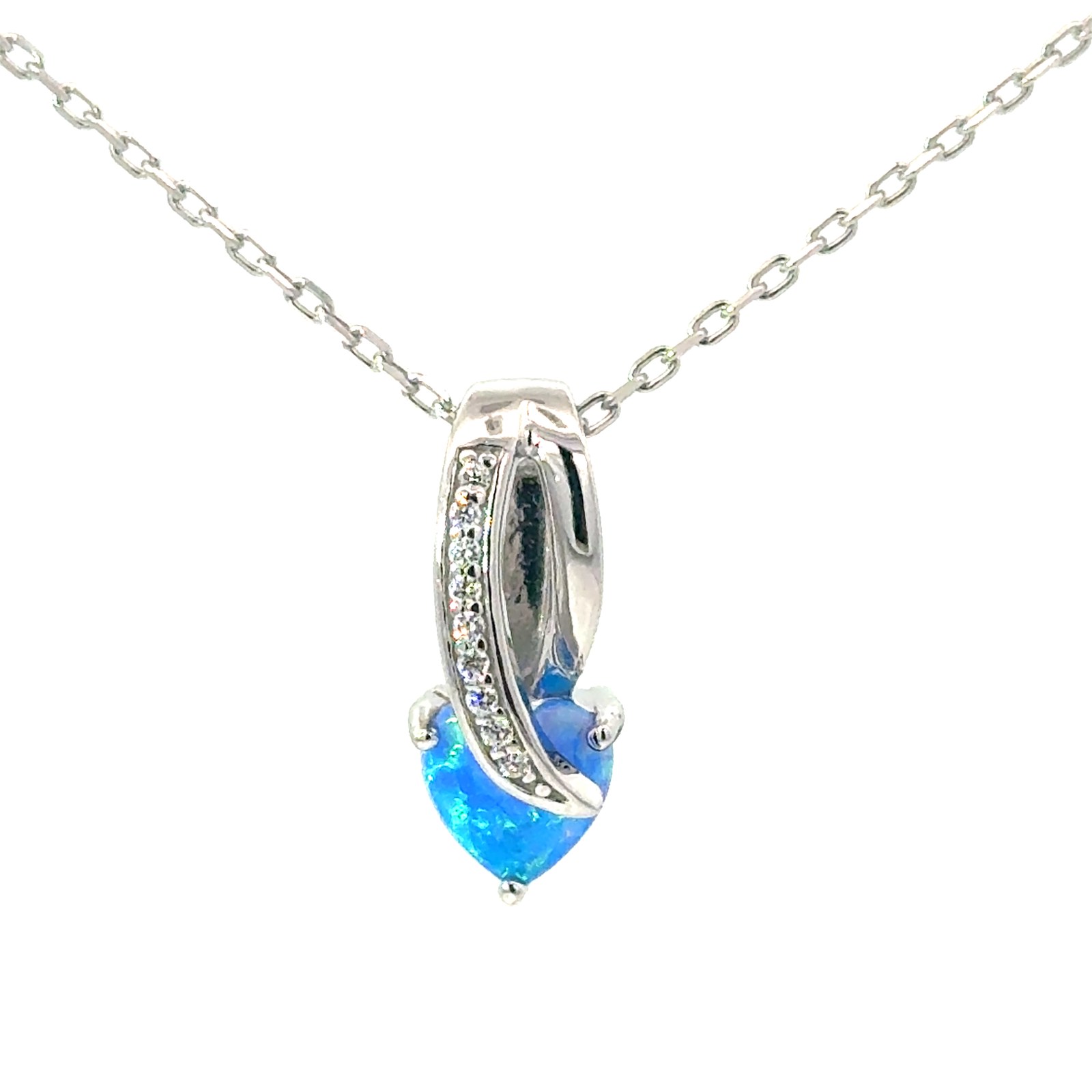 b .jpg Sterling Siler rhodium plated created blue opal heart necklace on diamond cut cable chain 18"