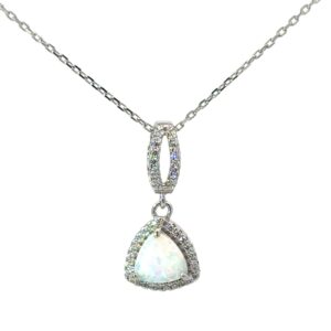 Sterling Silver rhodium plated created white opal halo trillion pendant on 1.2mm diamond cut cable chain 18"