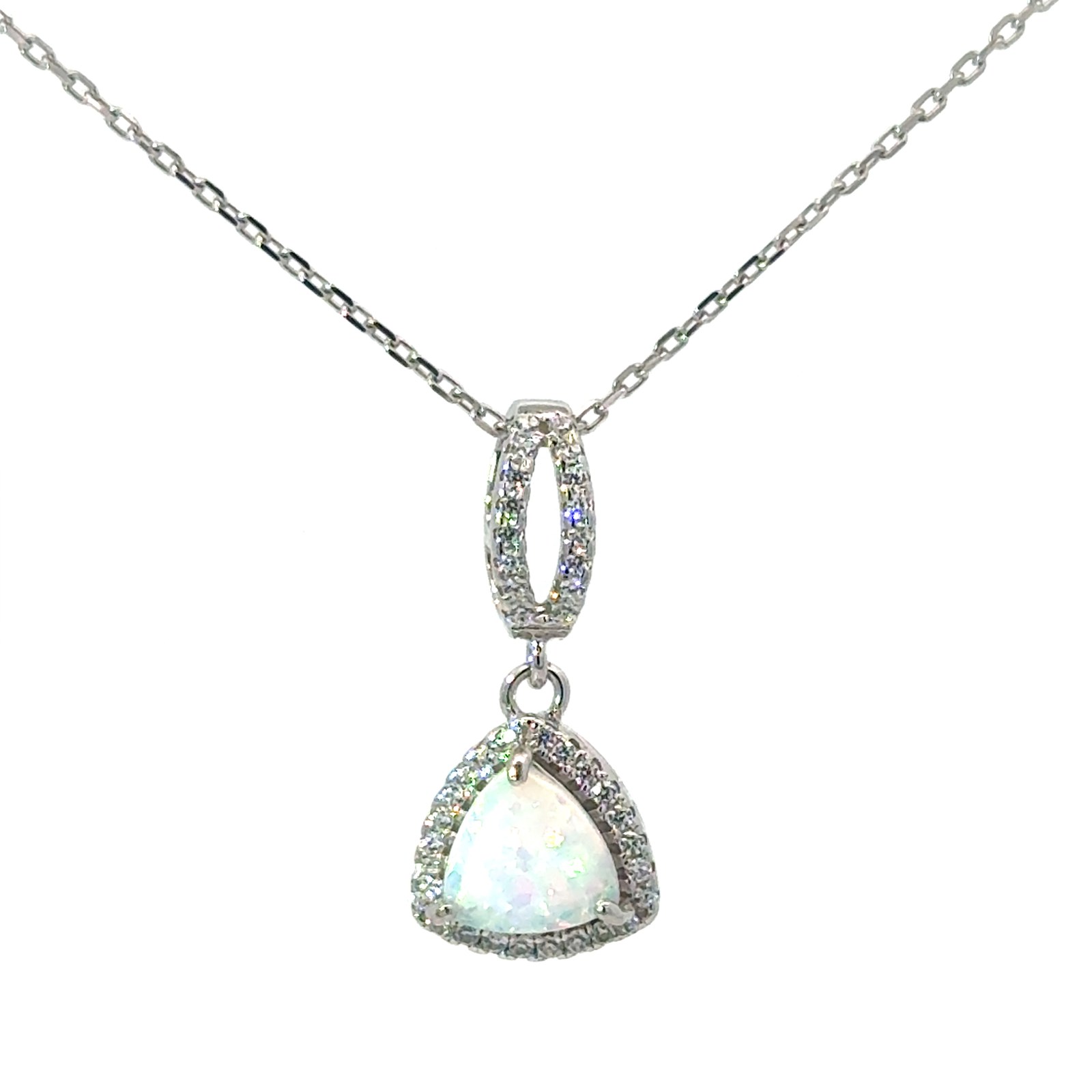 Sterling Silver rhodium plated created white opal halo trillion pendant on 1.2mm diamond cut cable chain 18"