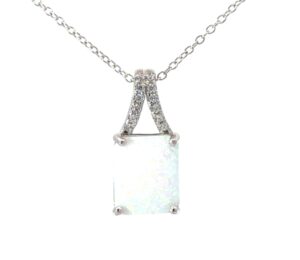 Sterling Silver created white opal inlay and cz square cut fashion necklace on 1.1mm cable chain with claw catch closure rhod plated 18"