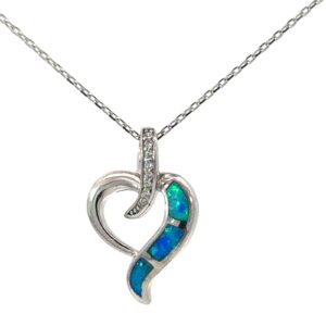 Sterling Silver Rhodium plated created blue opal and cubic zirconia heart pendant on 1.2mm diamond cut cable chain 18"