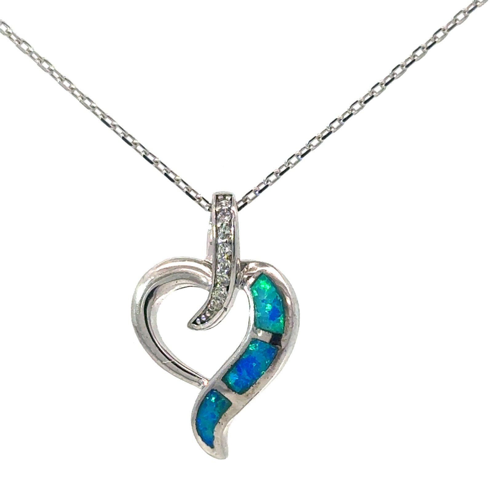 Sterling Silver Rhodium plated created blue opal and cubic zirconia heart pendant on 1.2mm diamond cut cable chain 18"