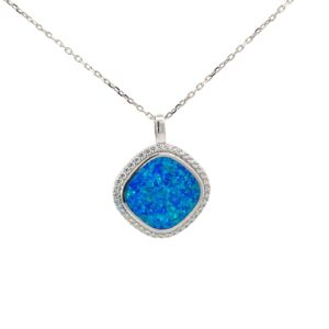 Sterling Silver created blue opal inlay with cubic zirconia halo on 1.1mm diamond cut cable 18" chain