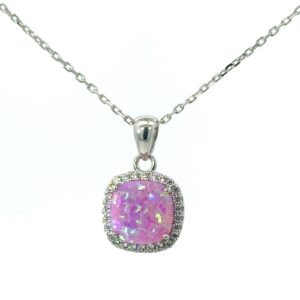 Sterling Silver rhodium plated created pink opal cushion shaped and cz halo pendant on 1.2mm cable chain 18"