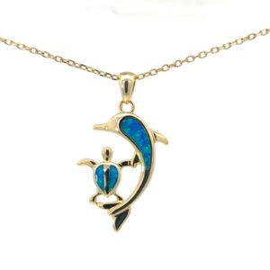Sterling Silver gold plated dolphin and turtle pendant on adjustable diamond cut cable chain