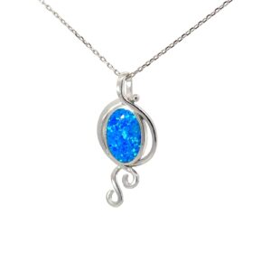 Sterling Silver created blue opal necklace on 1.4mm dc cable chain 18"