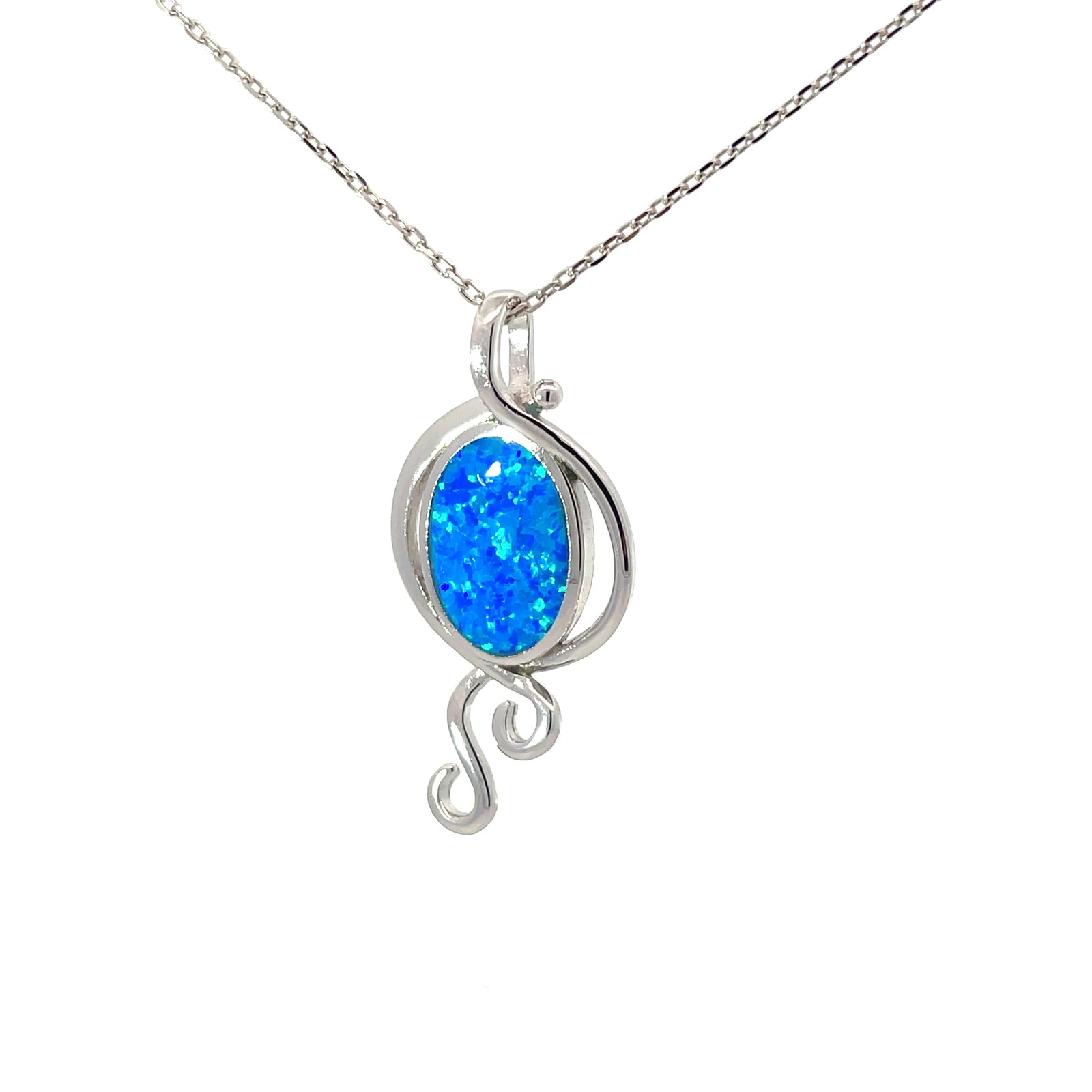 .jpg Sterling Silver created blue opal necklace on 1.4mm dc cable chain 18"