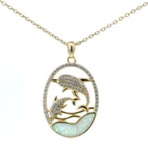 Sterling Silver gold plated created white opal and cubic zirconia double dolphin pendant on cable chain