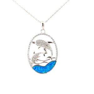 Sterling Silver created blue opal double dolpin oval and cz pendant on dc chain 18"