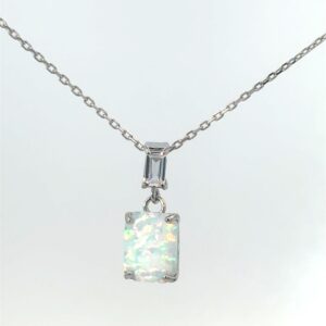 Sterling Silver Rhodium Plated Created White Opal Emerald Shape and CZ Baguette Pendant On 1.2Mm Diamond Cut Cable Chain 18"