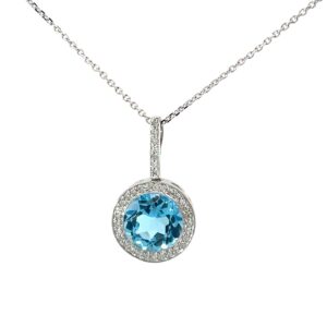 14kt wg blue topaz and dia halo pend 8mm rd blue topaz 2.50 cts 36 rd dia si1 clarity, i color tw 0.12pts