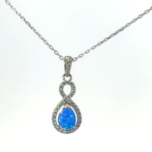 Sterling Silver Rhodium plated created blue opal and cubic zirconia halo pear shape pendant on 1.2mm diamond cut cable