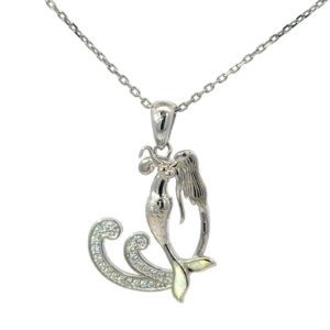 Sterling Silver Rhodium Plated Created White Opal Mermaid and CZ Necklace On 1.2mm Diamond Cut Cable Chain 18"