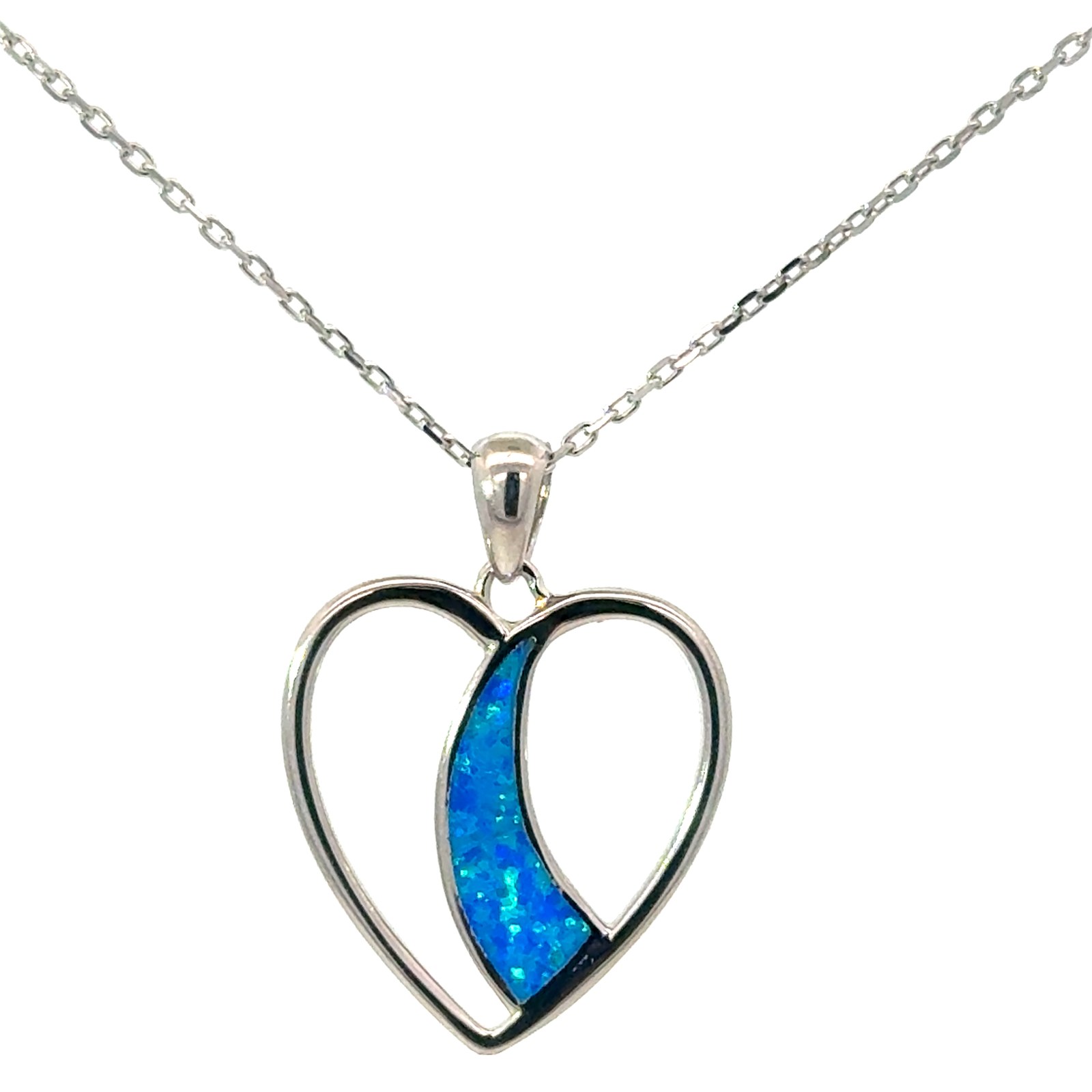 Sterling Silver rhodium plated created blue opal heart pendant on 1.2mm diamond cut cable chain 18"