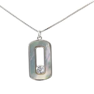 Sterling Silver mother of pearl and cubic zirconia oval necklace on adjustable box chain