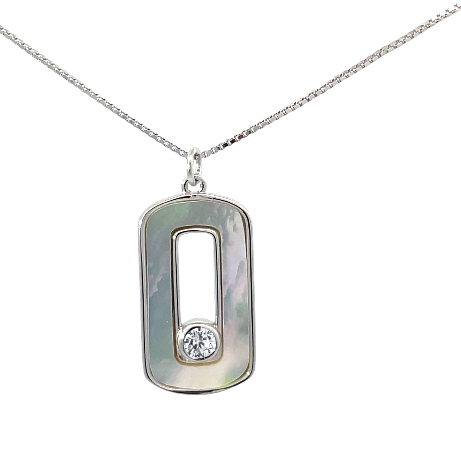 .jpg Sterling Silver mother of pearl and cubic zirconia oval necklace on adjustable box chain