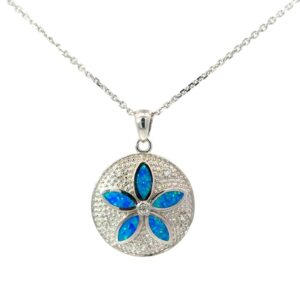 Sterling Silver rhodium plated created and cz sanddollar pendant on 1.4mm diamond cut cable chain 18"