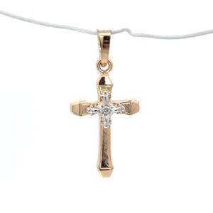 14kt two tone gold fancy diamond cross with floritine finish